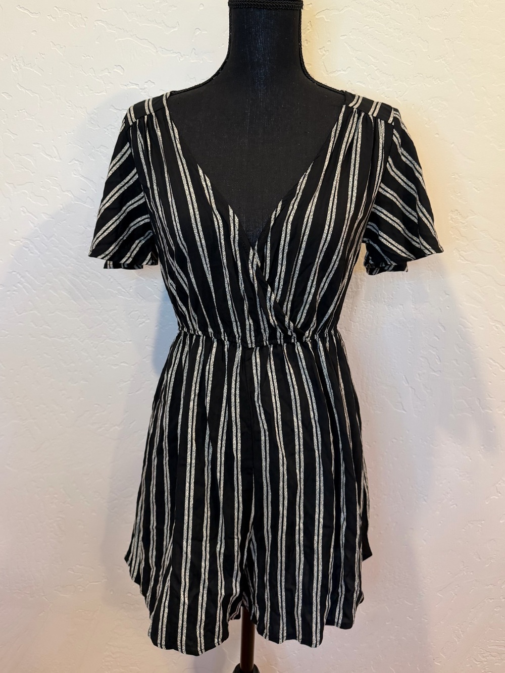 Xhilaration Black & White Striped V-Neck Romper